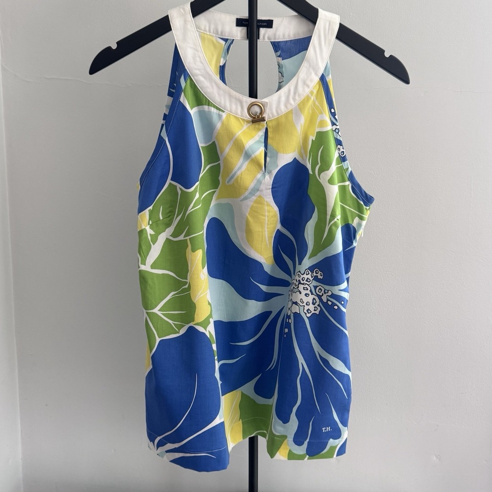 Tommy Hilfiger Halter Top Blue‎ Floral Tropical Cotton Sleeveless Blouse Size 6